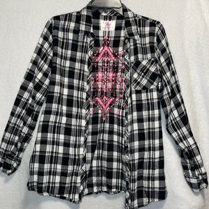 Black and white flannel with pink embroidery!